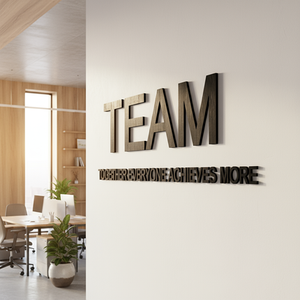 Team schriftzug aus holz in schwarz an einer bürowand