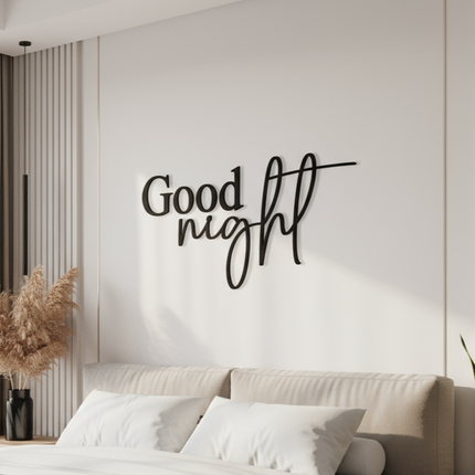schriftzug aus holz good night in schwarz