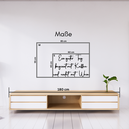 Schriftzug aus Holz - Ein guter Tag beginnt mit Kaffee und endet mit Wein , Größenvergleich,  Kraftélia