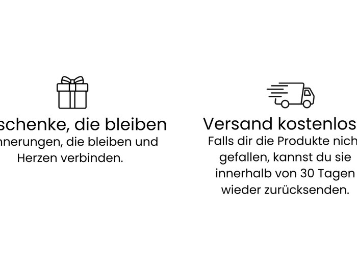 Vier Icons mit kurzen Texten: Dekoration mit Seele – für Zuhause und besondere Momente, Geschenke, die bleiben – Erinnerungen verbinden, Versand kostenlos – 30 Tage Rückgaberecht, Sicher bezahlen – mit allen gängigen Zahlungsmethoden.