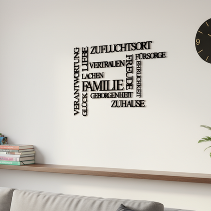Familienwerte Wandbild – dekorative Wanddeko mit Begriffen rund um Familie & Zusammenhalt   Schwarz / S-30 cm x 45 cm  Kraftélia    Wanddeko