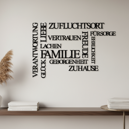 Familienwerte Wandbild – dekorative Wanddeko mit Begriffen rund um Familie & Zusammenhalt   Schwarz / S-30 cm x 45 cm  Kraftélia    Wanddeko