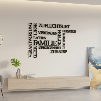 Familienwerte Wandbild – dekorative Wanddeko mit Begriffen rund um Familie & Zusammenhalt   Schwarz / S-30 cm x 45 cm  Kraftélia    Wanddeko