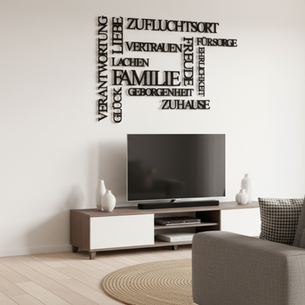 Familienwerte Wandbild – dekorative Wanddeko mit Begriffen rund um Familie & Zusammenhalt   Schwarz / S-30 cm x 45 cm  Kraftélia    Wanddeko