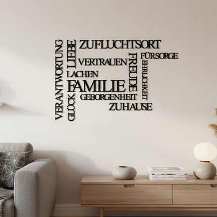 Familienwerte Wandbild – dekorative Wanddeko mit Begriffen rund um Familie & Zusammenhalt   Schwarz / S-30 cm x 45 cm  Kraftélia    Wanddeko