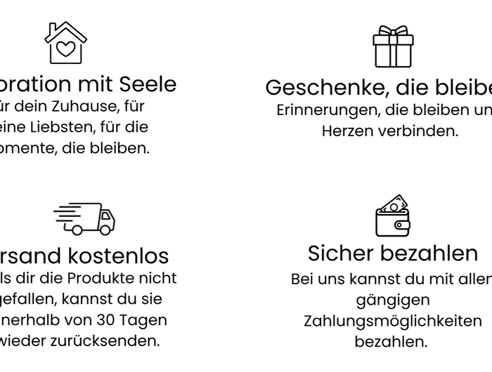 Vier Icons mit kurzen Texten: Dekoration mit Seele – für Zuhause und besondere Momente, Geschenke, die bleiben – Erinnerungen verbinden, Versand kostenlos – 30 Tage Rückgaberecht, Sicher bezahlen – mit allen gängigen Zahlungsmethoden.