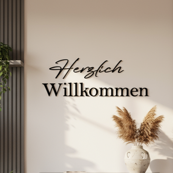 Schriftzug aus holz, herzlich willkommen in schwarz