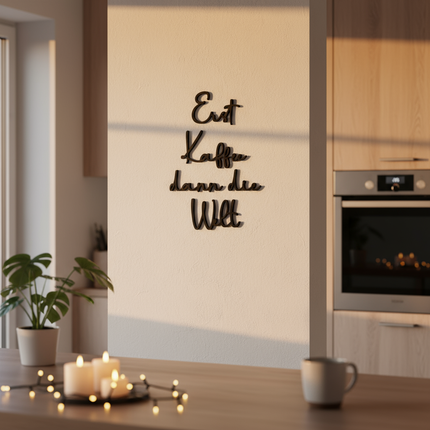 Erst Kaffee, dann die Welt - Holzschriftzug   Schwarz / S-45 cm x 35 cm  Kraftélia    Wanddeko