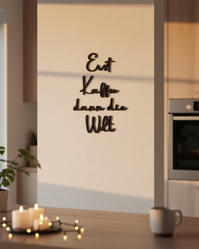 Erst Kaffee, dann die Welt - Holzschriftzug   Schwarz / S-45 cm x 35 cm  Kraftélia    Wanddeko