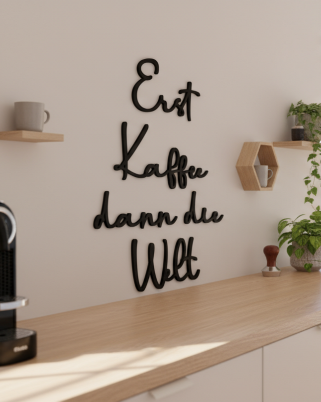 Erst Kaffee, dann die Welt – humorvoller Spruch für Küche & Essbereich   Schwarz / S-45 cm x 35 cm  Kraftélia    Wanddeko