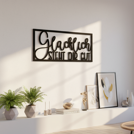 Glücklich steht dir gut! – motivierende Wanddeko für Flur, Wohnzimmer & Büro   Schwarz / S-11 cm x 25 cm  Kraftélia    Wanddeko