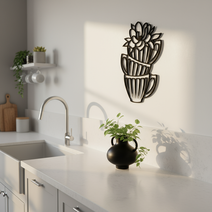 Kaffeetassen mit Blüte – stilvolles Line Art Design für Küche & Essbereich   Schwarz / S-40 cm x 29 cm  Kraftélia    Wanddeko