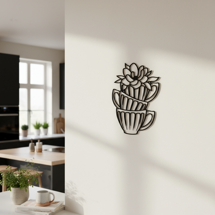 Kaffeetassen mit Blüte – stilvolles Line Art Design für Küche & Essbereich   Schwarz / S-40 cm x 29 cm  Kraftélia    Wanddeko