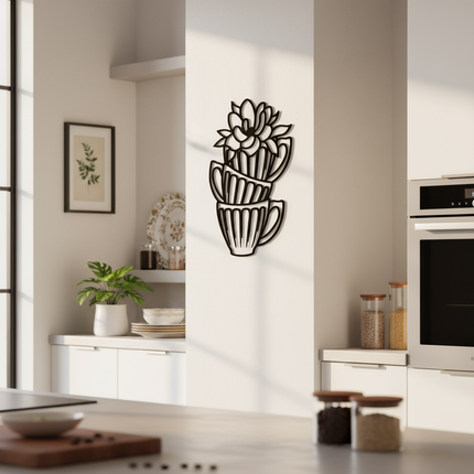 Kaffeetassen mit Blüte – stilvolles Line Art Design für Küche & Essbereich   Schwarz / S-40 cm x 29 cm  Kraftélia    Wanddeko