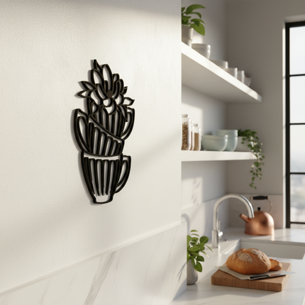 Kaffeetassen mit Blüte – stilvolles Line Art Design für Küche & Essbereich   Schwarz / S-40 cm x 29 cm  Kraftélia    Wanddeko