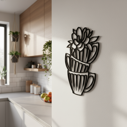 Kaffeetassen mit Blüte – stilvolles Line Art Design für Küche & Essbereich   Schwarz / S-40 cm x 29 cm  Kraftélia    Wanddeko