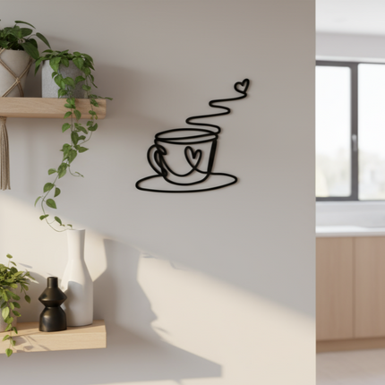 Line Art Kaffeetasse – stilvolle Wanddeko für Küche & Kaffee-Ecke   Schwarz / S-20 cm x 20 cm  Kraftélia    Wanddeko