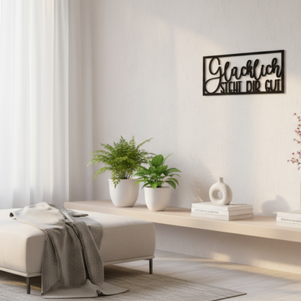 Glücklich steht dir gut! – motivierende Wanddeko für Flur, Wohnzimmer & Büro   Schwarz / S-11 cm x 25 cm  Kraftélia    Wanddeko