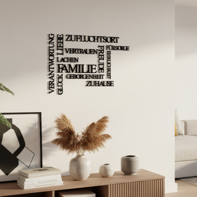 Familienwerte Wandbild – dekorative Wanddeko mit Begriffen rund um Familie & Zusammenhalt   Schwarz / S-30 cm x 45 cm  Kraftélia    Wanddeko
