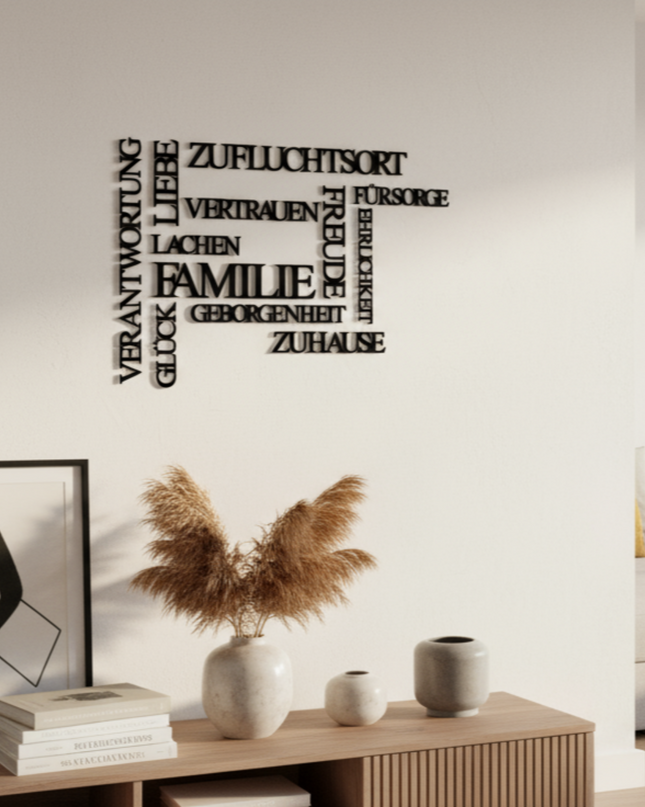 Familienwerte Wandbild – dekorative Wanddeko mit Begriffen rund um Familie & Zusammenhalt   Schwarz / S-30 cm x 45 cm  Kraftélia    Wanddeko