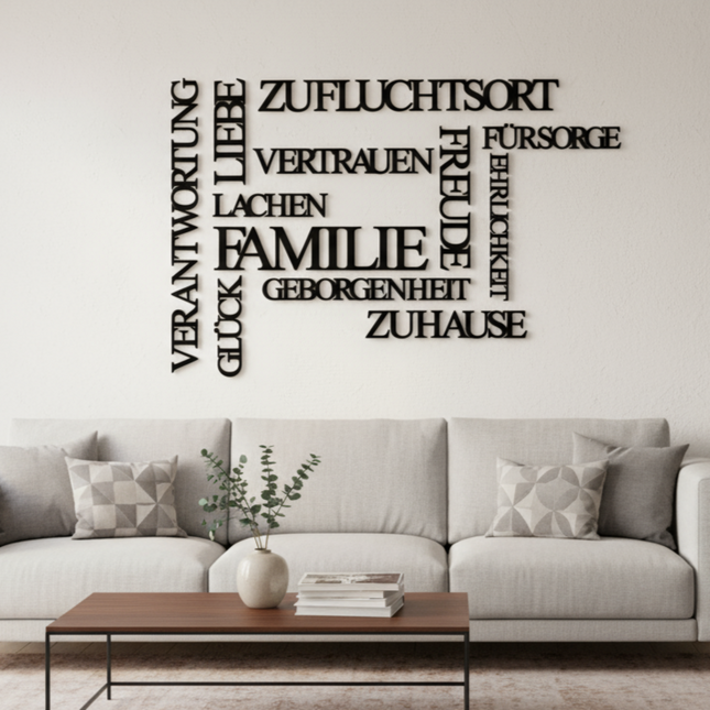 Familienwerte Wandbild – dekorative Wanddeko mit Begriffen rund um Familie & Zusammenhalt   Schwarz / S-30 cm x 45 cm  Kraftélia    Wanddeko
