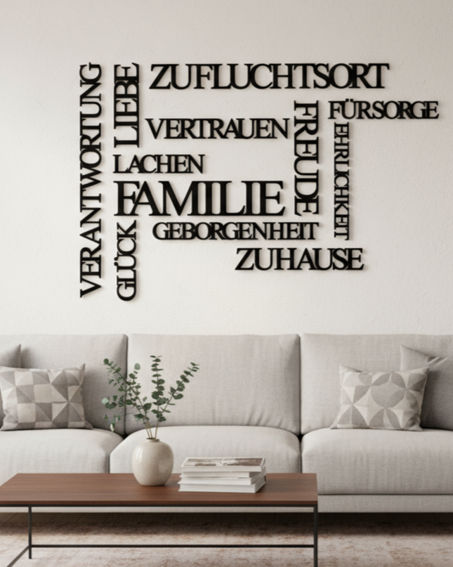 Familienwerte Wandbild – dekorative Wanddeko mit Begriffen rund um Familie & Zusammenhalt   Schwarz / S-30 cm x 45 cm  Kraftélia    Wanddeko