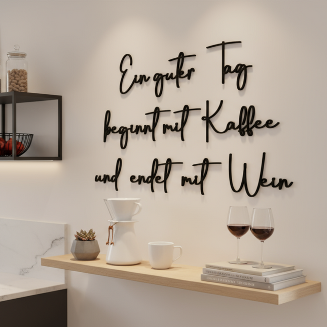 Ein guter Tag beginnt mit Kaffee und endet mit Wein – witzige Wanddeko für Küche, Esszimmer & Hausbar   Schwarz / S - 40 cm x 60 cm  Kraftélia    Wanddeko