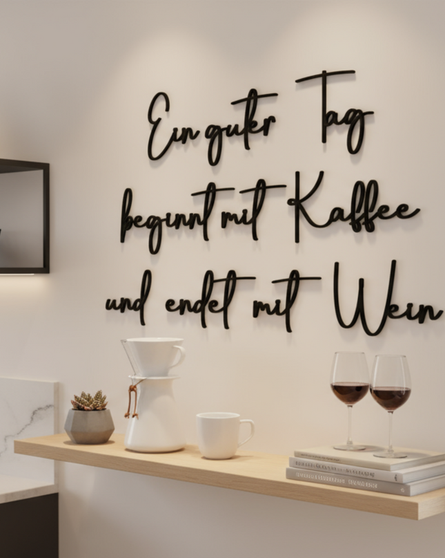 Ein guter Tag beginnt mit Kaffee und endet mit Wein – witzige Wanddeko für Küche, Esszimmer & Hausbar   Schwarz / S - 40 cm x 60 cm  Kraftélia    Wanddeko