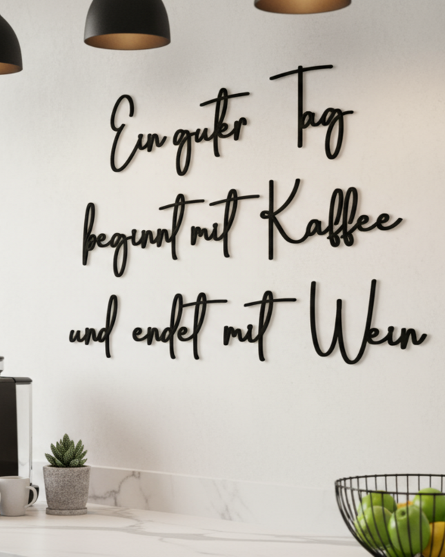 Ein guter Tag beginnt mit Kaffee und endet mit Wein – witzige Wanddeko für Küche, Esszimmer & Hausbar   Schwarz / S - 40 cm x 60 cm  Kraftélia    Wanddeko
