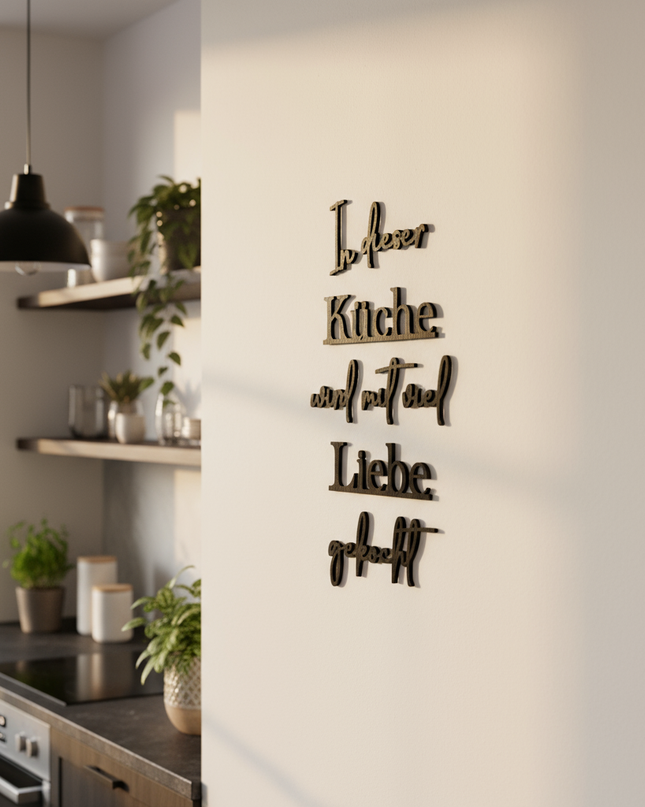 In dieser Küche wird mit viel Liebe gekocht – Holzschriftzug