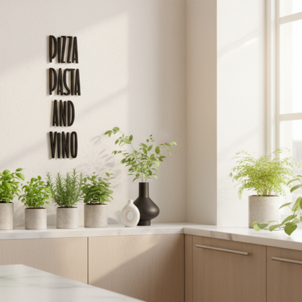 Pizza Pasta and Vino – dekorative Wanddeko für Küche, Esszimmer & Hausbar   Schwarz / S - 43 cm x 12 cm  Kraftélia    Wanddeko