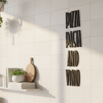 Pizza Pasta and Vino – dekorative Wanddeko für Küche, Esszimmer & Hausbar   Schwarz / S - 43 cm x 12 cm  Kraftélia    Wanddeko