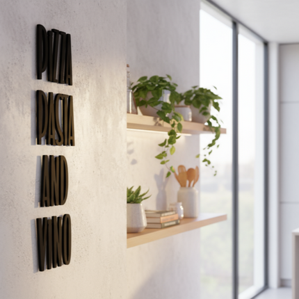 Pizza Pasta and Vino – dekorative Wanddeko für Küche, Esszimmer & Hausbar   Schwarz / S - 43 cm x 12 cm  Kraftélia    Wanddeko