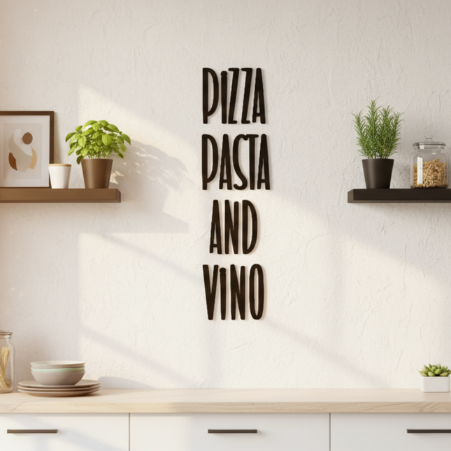 Pizza Pasta and Vino – dekorative Wanddeko für Küche, Esszimmer & Hausbar   Schwarz / S - 43 cm x 12 cm  Kraftélia    Wanddeko