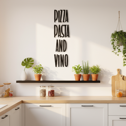 Pizza Pasta and Vino – dekorative Wanddeko für Küche, Esszimmer & Hausbar   Schwarz / S - 43 cm x 12 cm  Kraftélia    Wanddeko