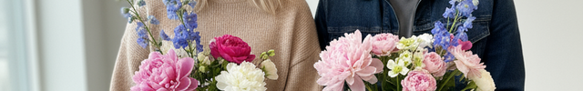 Zwei Personen sitzen nebeneinander und halten Blumensträuße in den Händen